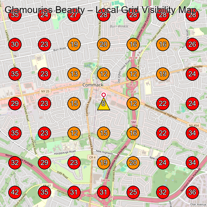 Glamouriss Beauty GeoGrid visibility map for Beauty Salon in Commack